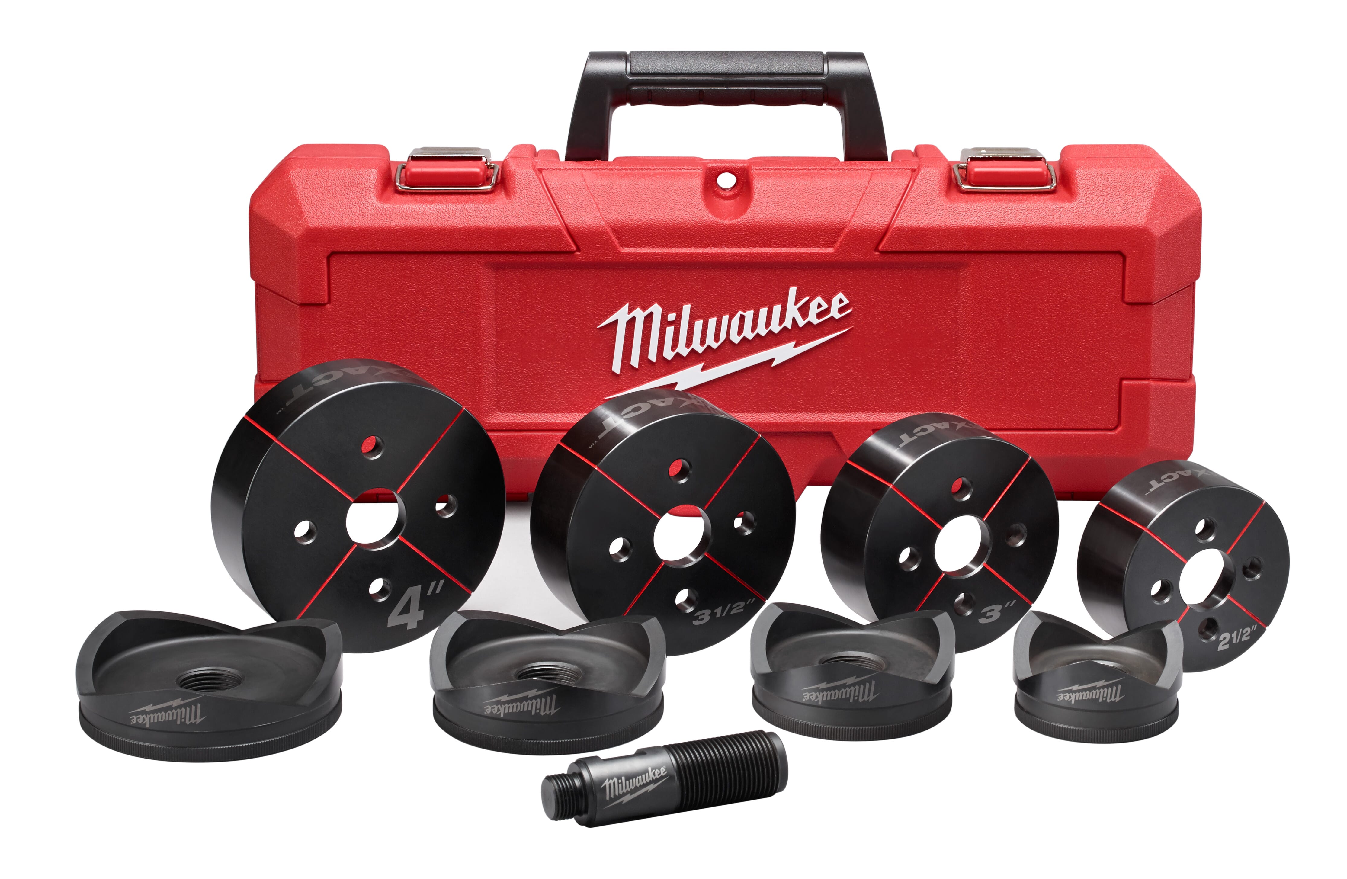 Milwaukee® M18™ Exact™ 49-16-2695 Knockout Punch Set, 10 ga Mild Steel, 12 ga Stainless Steel Capacity, 9 Pieces, 2-1/2 to 4 in Conduit/Pipe, Mild Steel